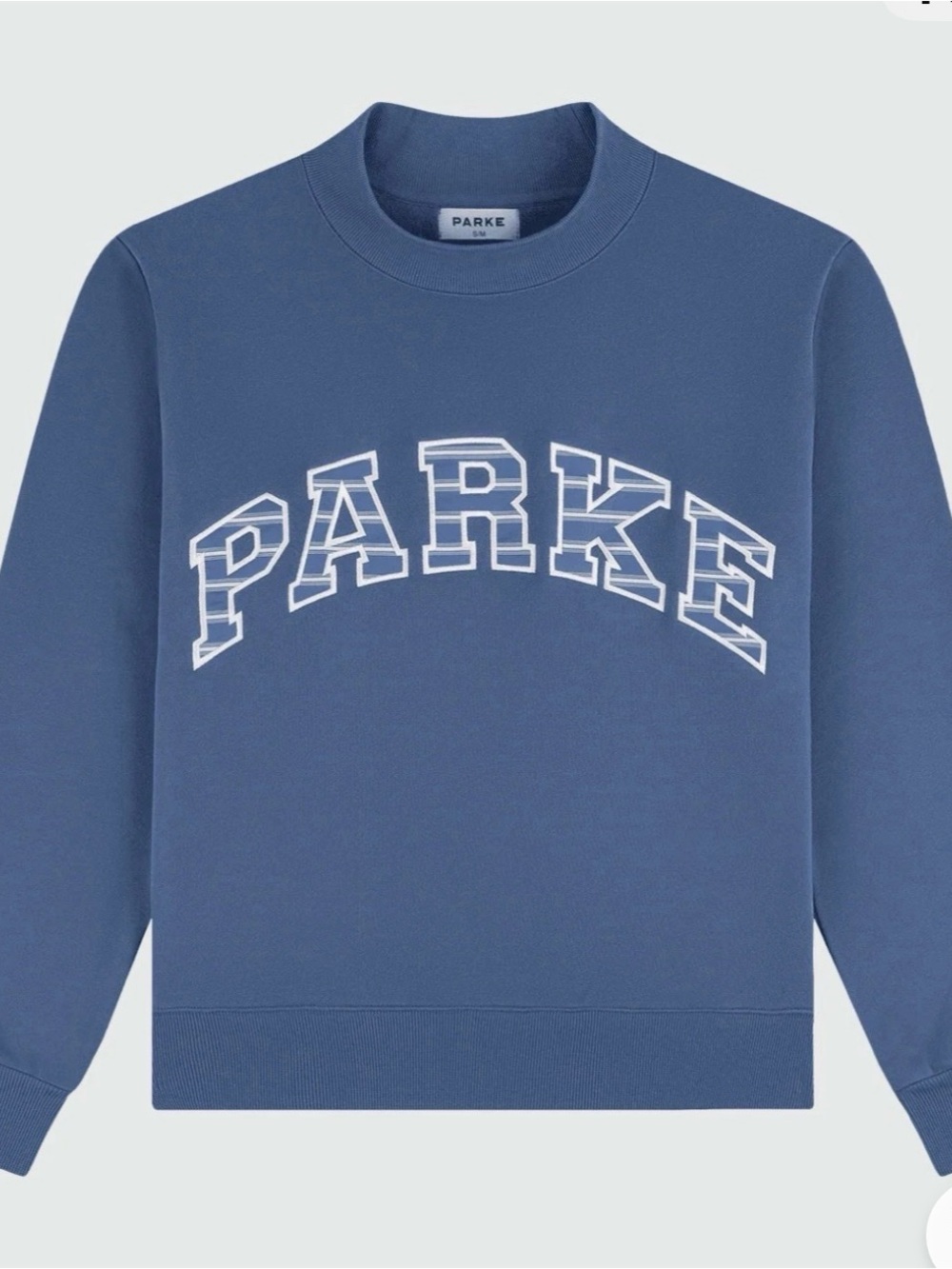 Parke Women's Washed Indigo Mockneck with striped lettering S/M NEW